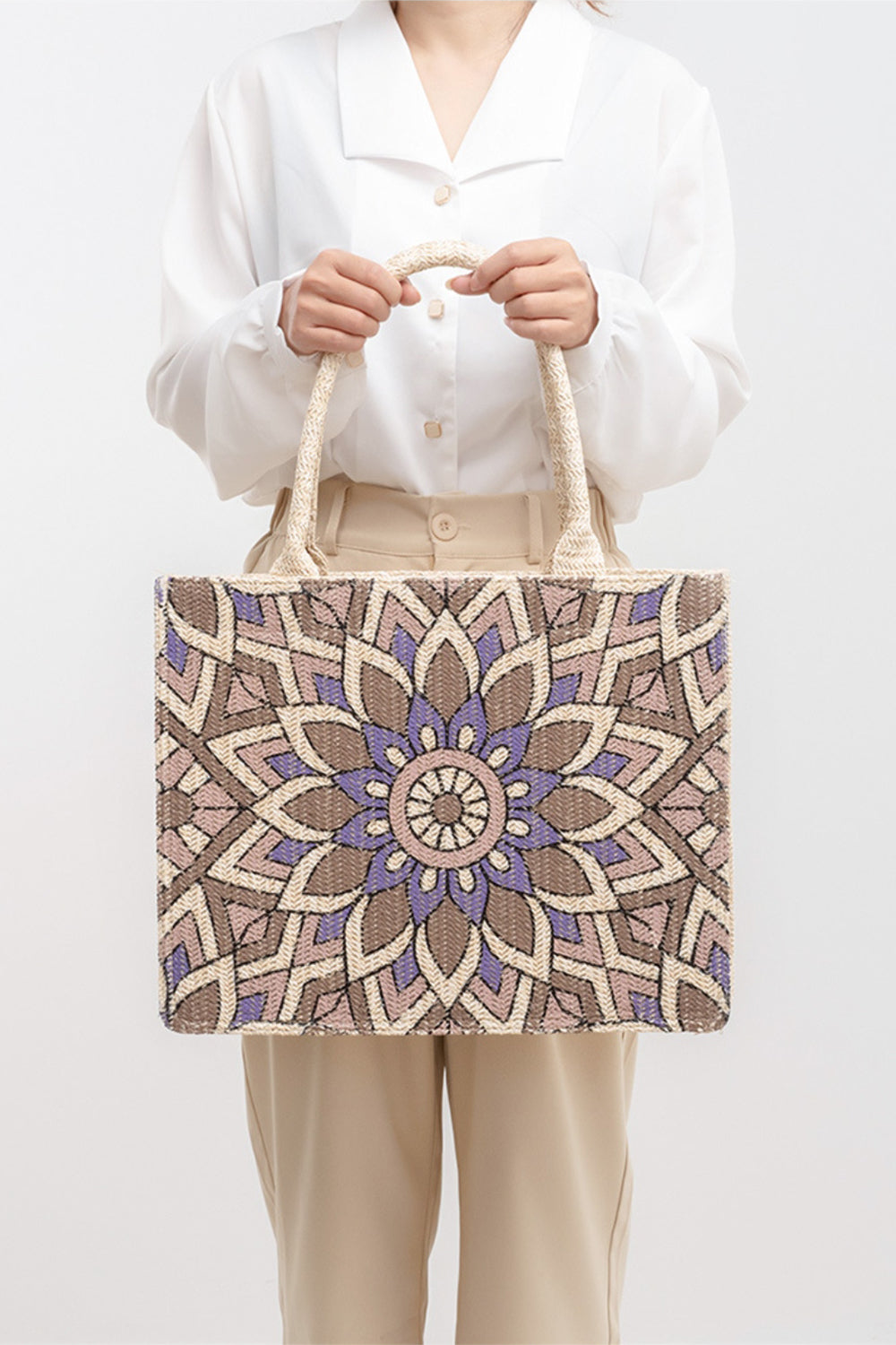 Flower Straw Weave Tote Bag - T - 2 COLORS -