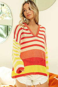 Thumbnail for BiBi Striped Color Block Hooded Knit Top - Beach or Everyday - T - 1 COLOR -