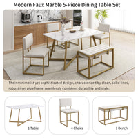 Thumbnail for Modern Faux Marble 6-Piece Dining Table Set,60inch Metal Kitchen Table Set With Upholstered Dining Chairs and Bench, Gol