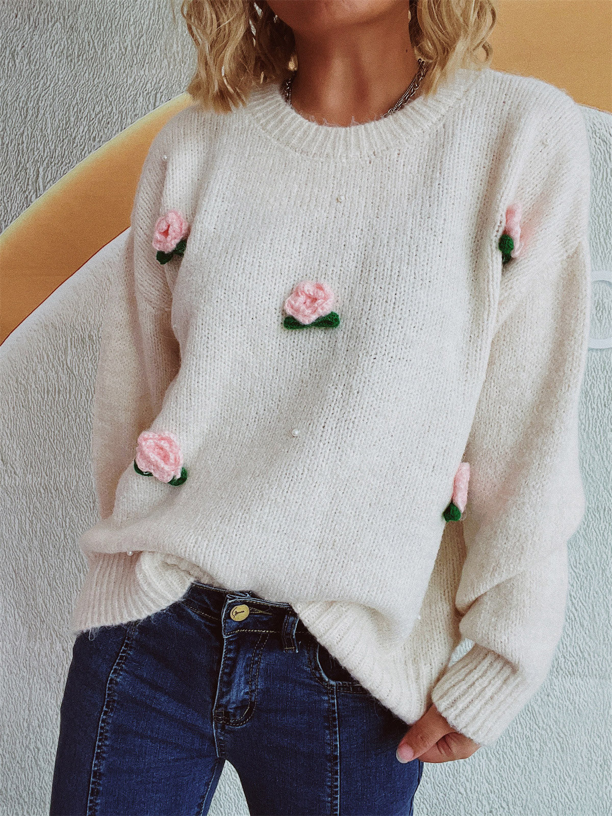 Flower Round Neck Long Sleeve Sweater - 1 OVERSIZE - T - 2 COLORS -