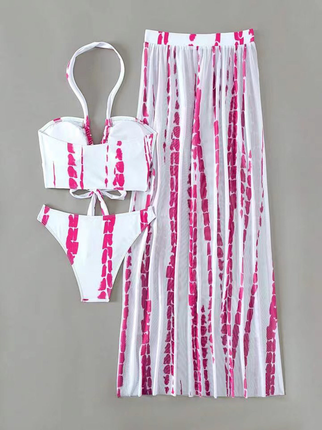 Printed Halter Neck Three-Piece Swim Set - 3 PCS. - T - 6 COLORS -