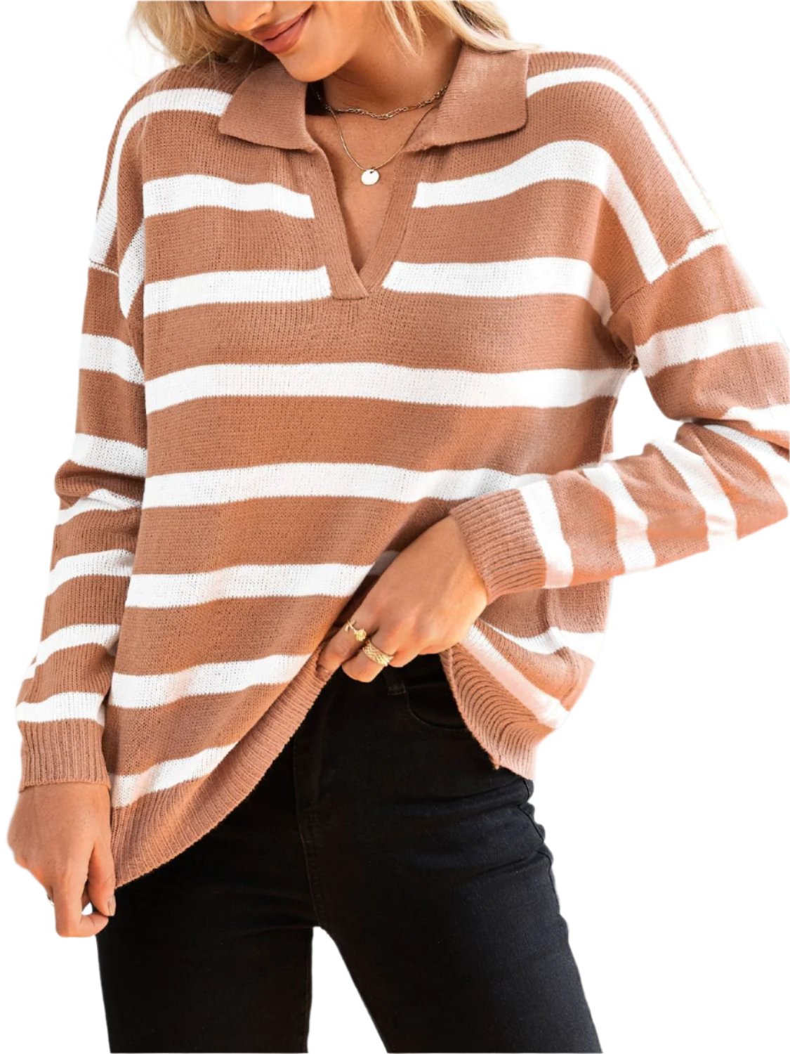 Striped Johnny Collar Long Sleeve Sweater - T - 3 COLORS -