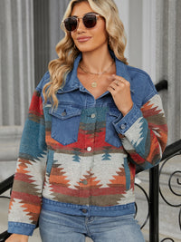 Thumbnail for Geometric Button Up Long Sleeve Denim Jacket - T - 1 COLOR -