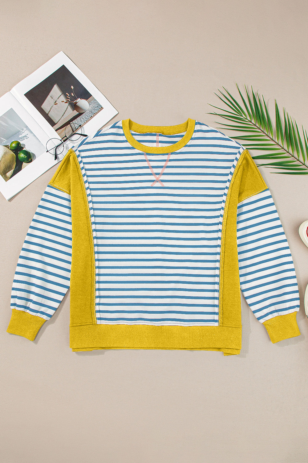 Striped Round Neck Long Sleeve Sweatshirt - T - 1 COLOR -