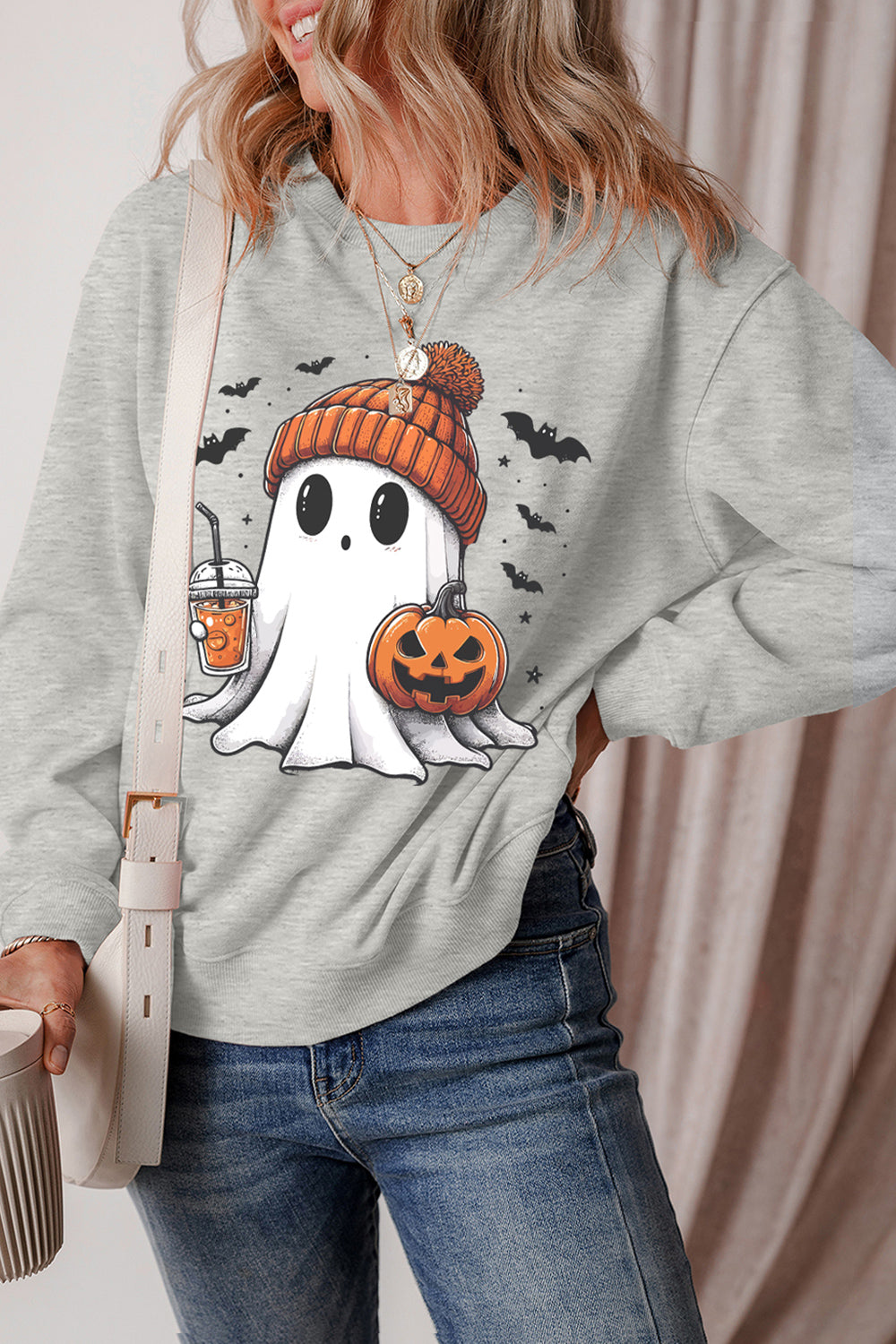 Ghost Round Neck Long Sleeve Sweatshirt - T - 1 COLOR -