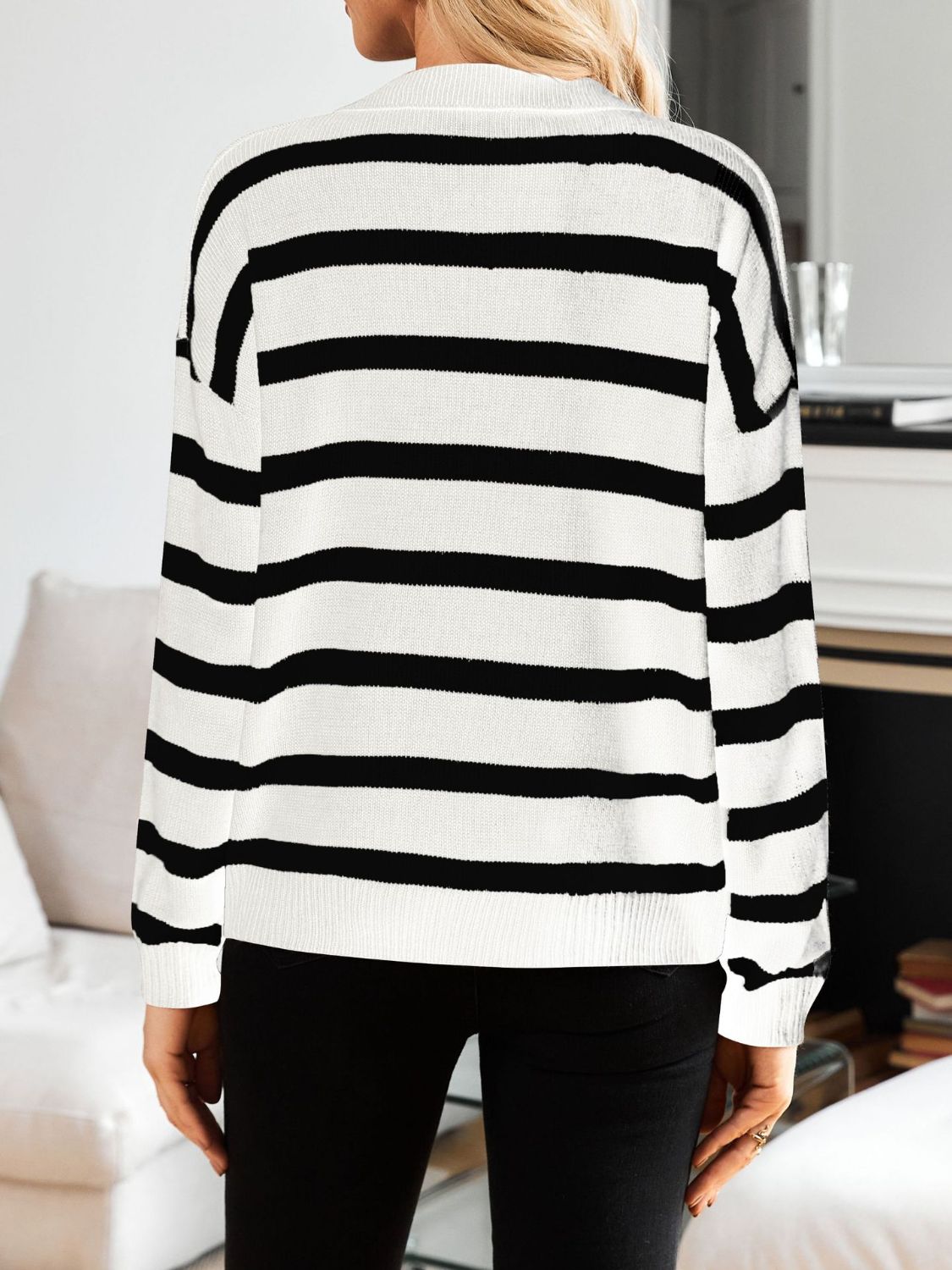 Striped Johnny Collar Long Sleeve Sweater - T - 3 COLORS -