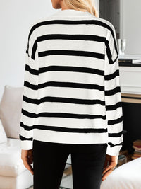 Thumbnail for Striped Johnny Collar Long Sleeve Sweater - T - 3 COLORS -