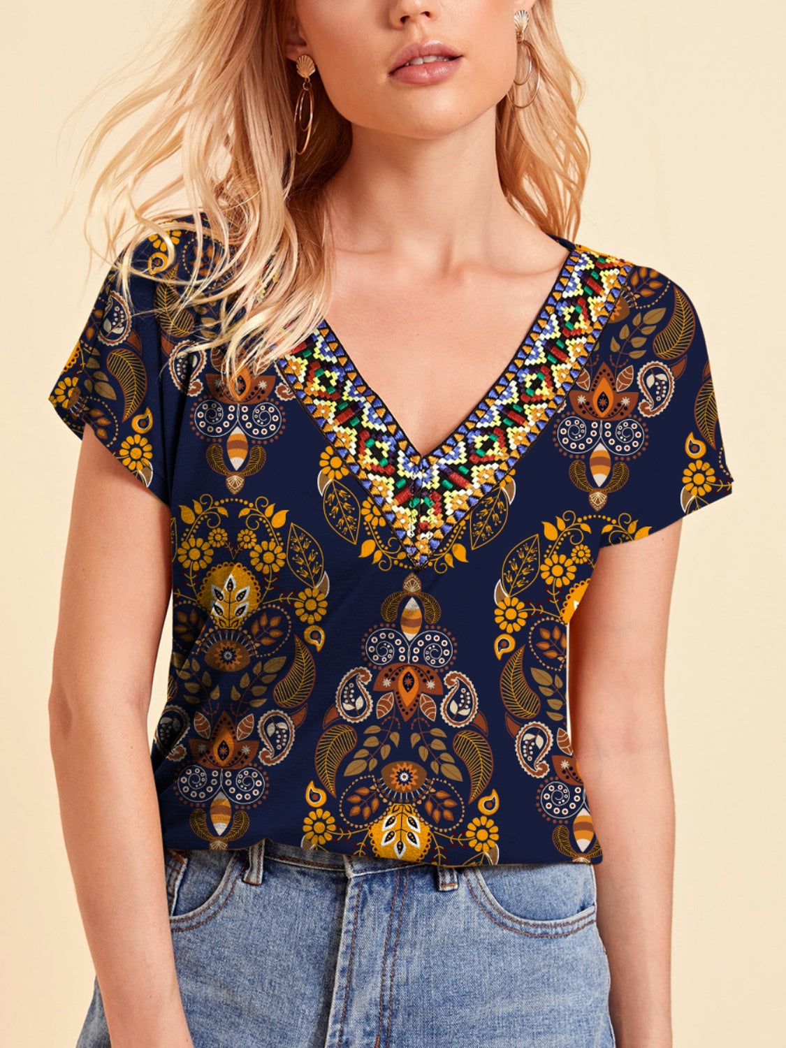 Printed V-Neck Short Sleeve T-Shirt - T - 1 COLOR -