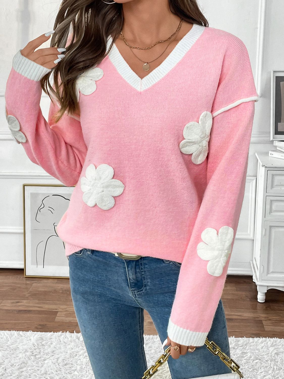 Perfee Flower V-Neck Long Sleeve Sweater - T - 1 COLOR -