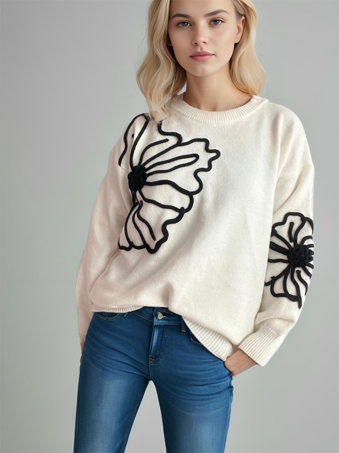 Flower Round Neck Long Sleeve Sweater - T - 4 COLORS -