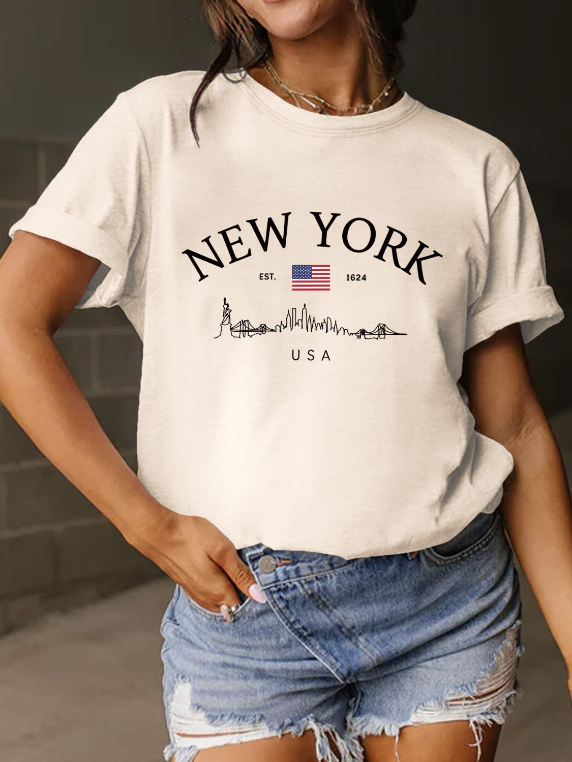 New York Skyline Letter Graphic Round Neck Short Sleeve T-Shirt - 10 COLORS -