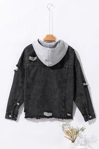 Thumbnail for Distressed Drawstring Long Sleeve Hooded Denim Jacket - T - 1 COLOR -