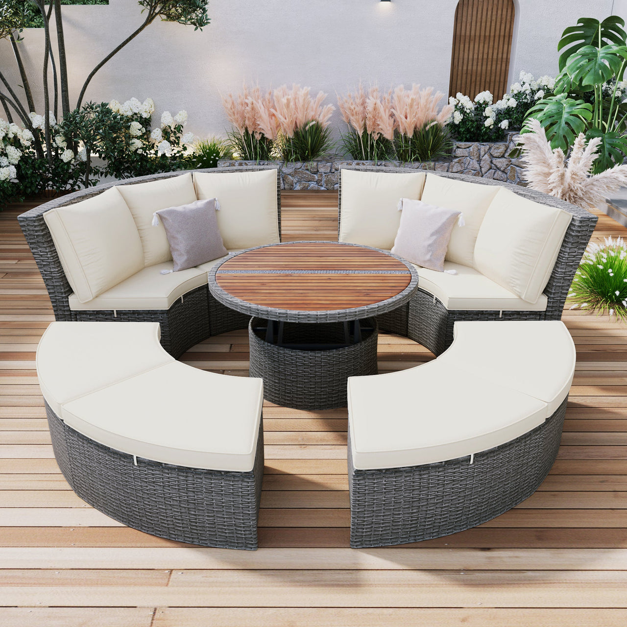 Patio 5-Piece Round Rattan Sectional Sofa Set All-Weather PE Wicker Sunbed Daybed With Round Liftable Table and Washable