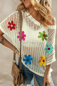 Thumbnail for Flower Round Neck Half Sleeve Knit Cover Up - Beach or Everyday - T - 3 COLORS -