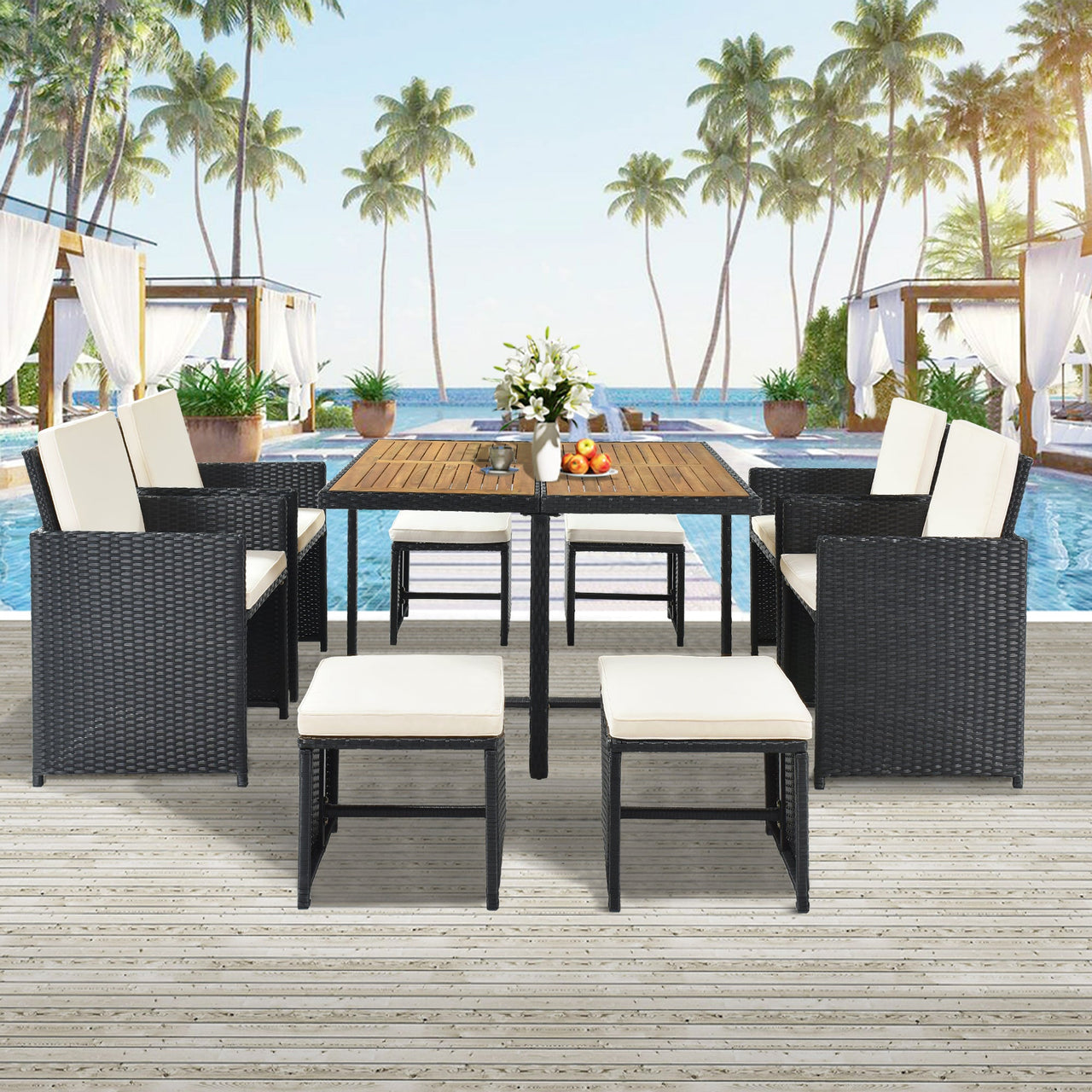 Patio All-Weather PE Wicker Dining Table Set With Wood Tabletop for 8, Black Rattan+Beige Cushion (9-Piece)