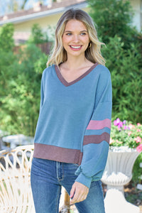 Thumbnail for Hailey & Co Color Block V-Neck Cropped sweatshirt