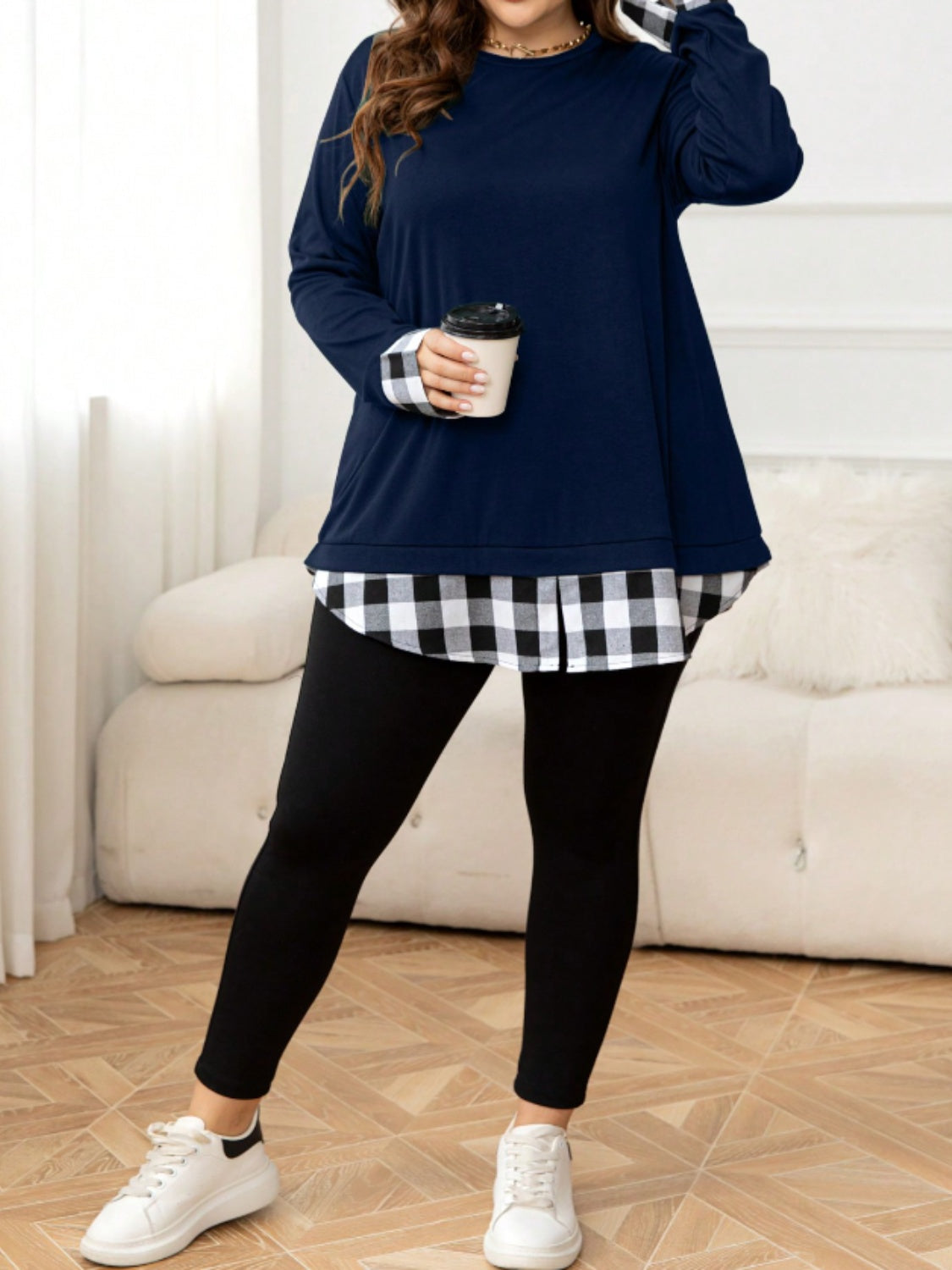 Plus Size Plaid Hem Round Neck Long Sleeve Sweatshirt - XL THRU 4XL ONLY - T - 1 COLOR -