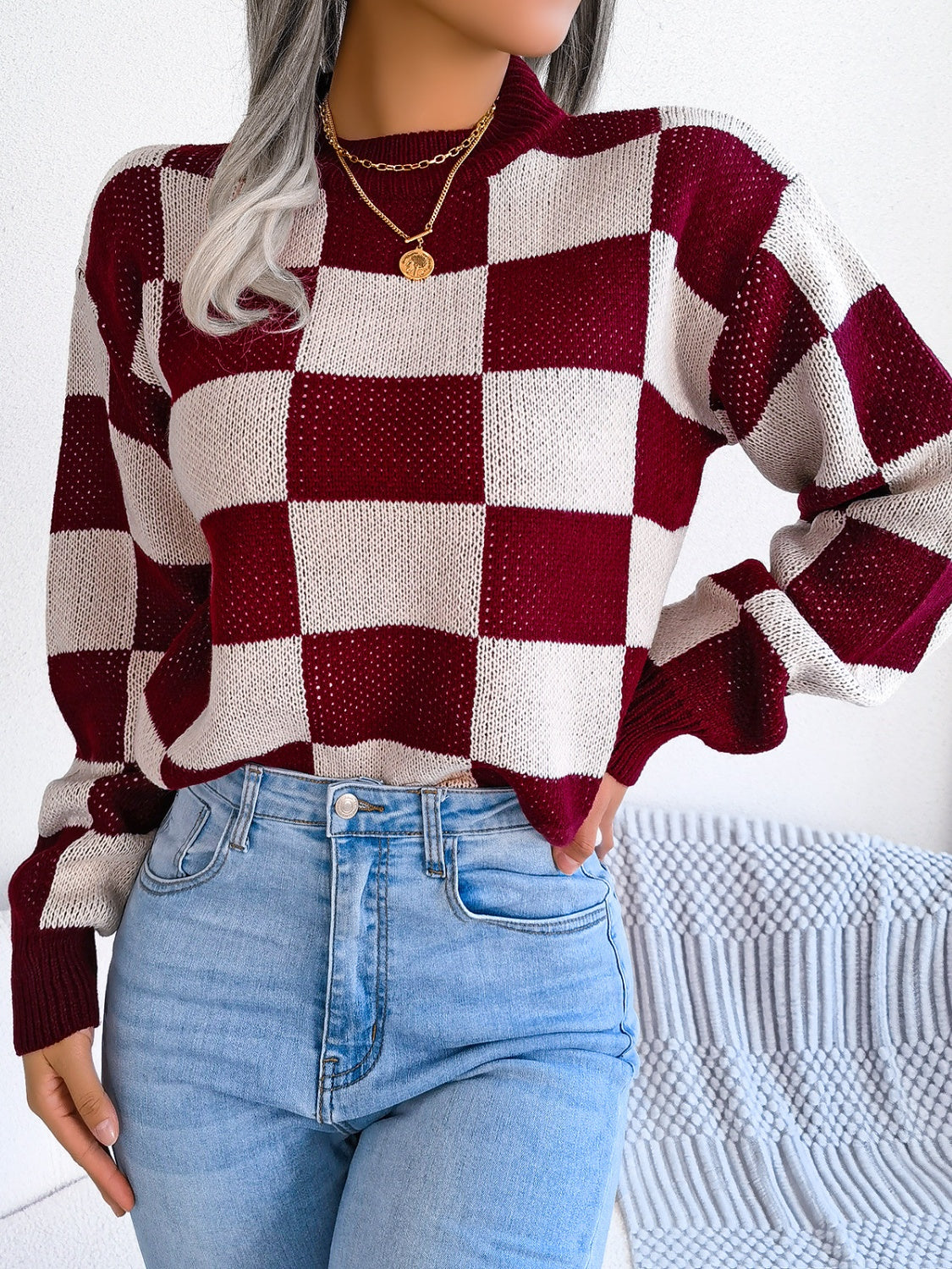 Checkered Mock Neck Long Sleeve Sweater - T - 4 COLORS -