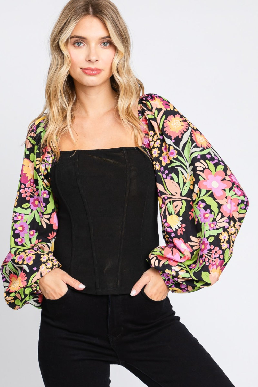 ODDI Full Size Floral Balloon Sleeve Blouse - T - 1 COLOR -