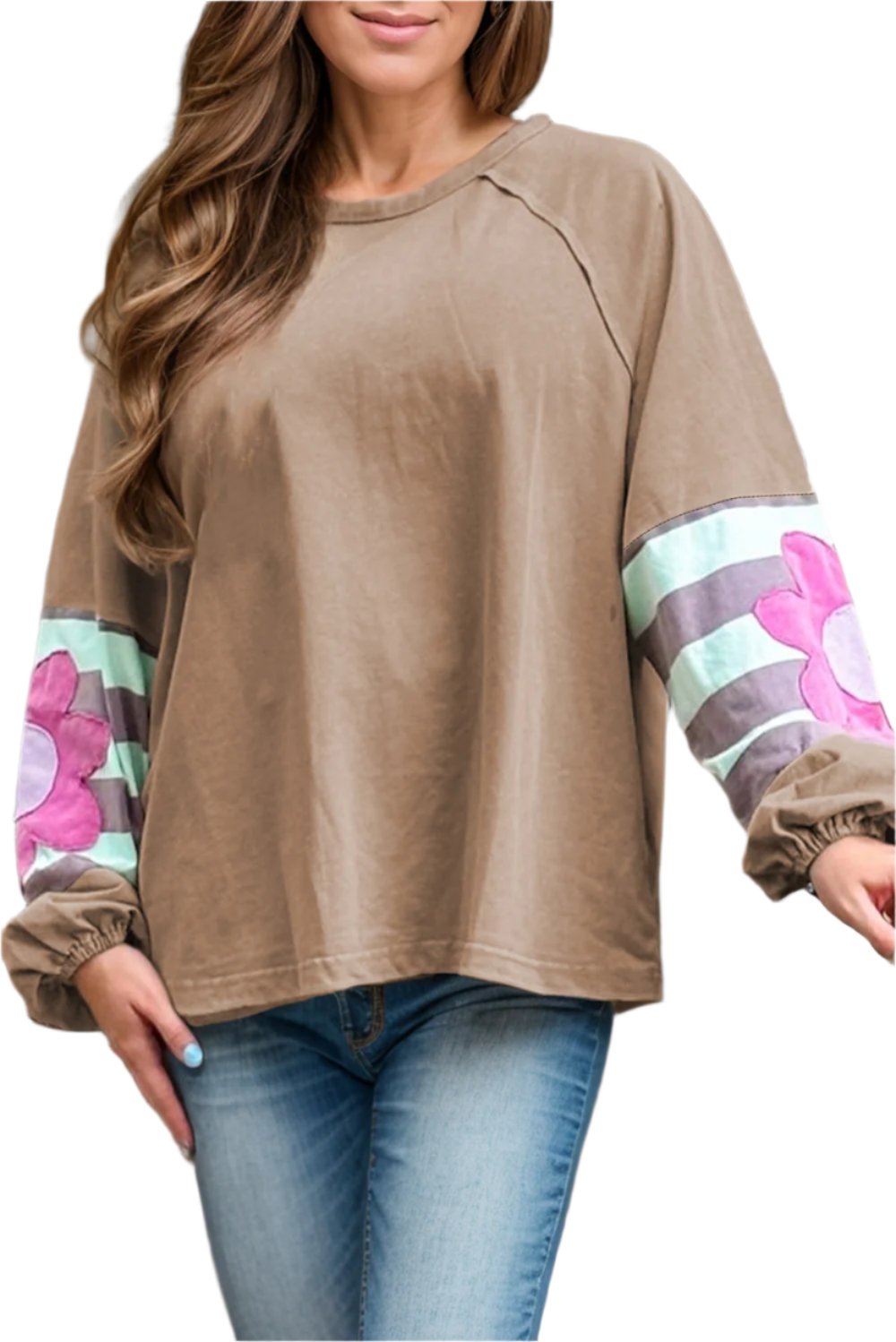 Plus Size Flower Round Neck Long Sleeve Blouse - 1XL THRU 4XL ONLY - T - 1 COLOR -