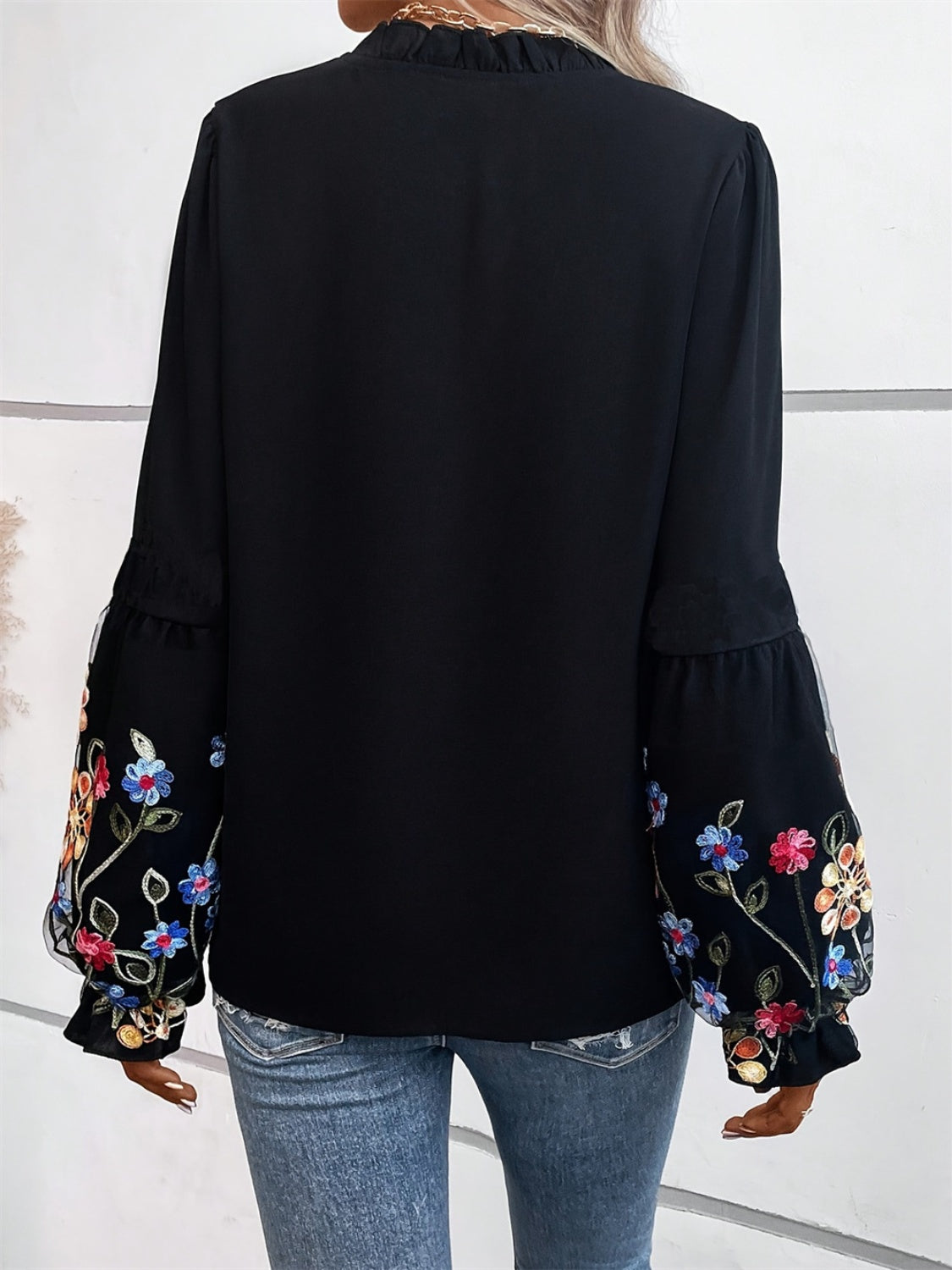 Embroidered Notched Long Sleeve Blouse - T - 1 COLOR -