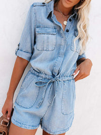 Thumbnail for Drawstring Half Button Half Sleeve Denim Romper - Light Blue - T - 1 COLOR -