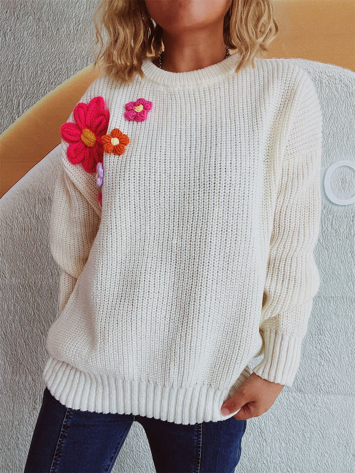 Crochet Flower Round Neck Dropped Shoulder Sweater - 1 OVERSIZE - T - 3 COLORS -