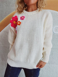 Thumbnail for Crochet Flower Round Neck Dropped Shoulder Sweater - 1 OVERSIZE - T - 3 COLORS -