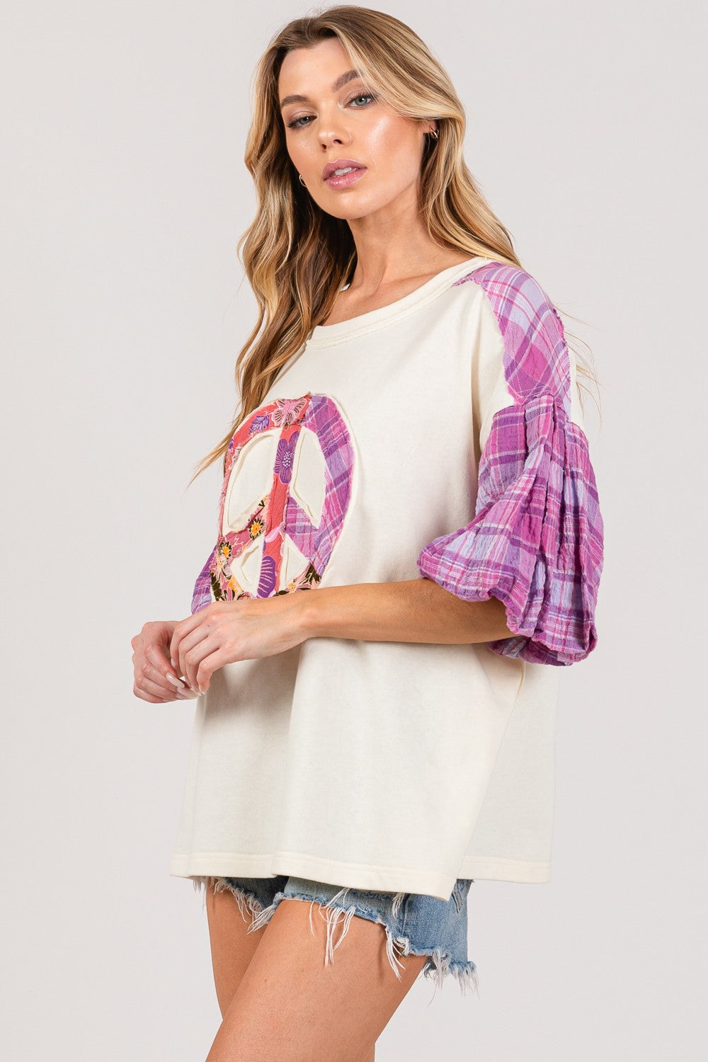 SAGE + FIG Full Size Peace Applique Patch with Plaid Contrast Top - T - 1 COLOR -