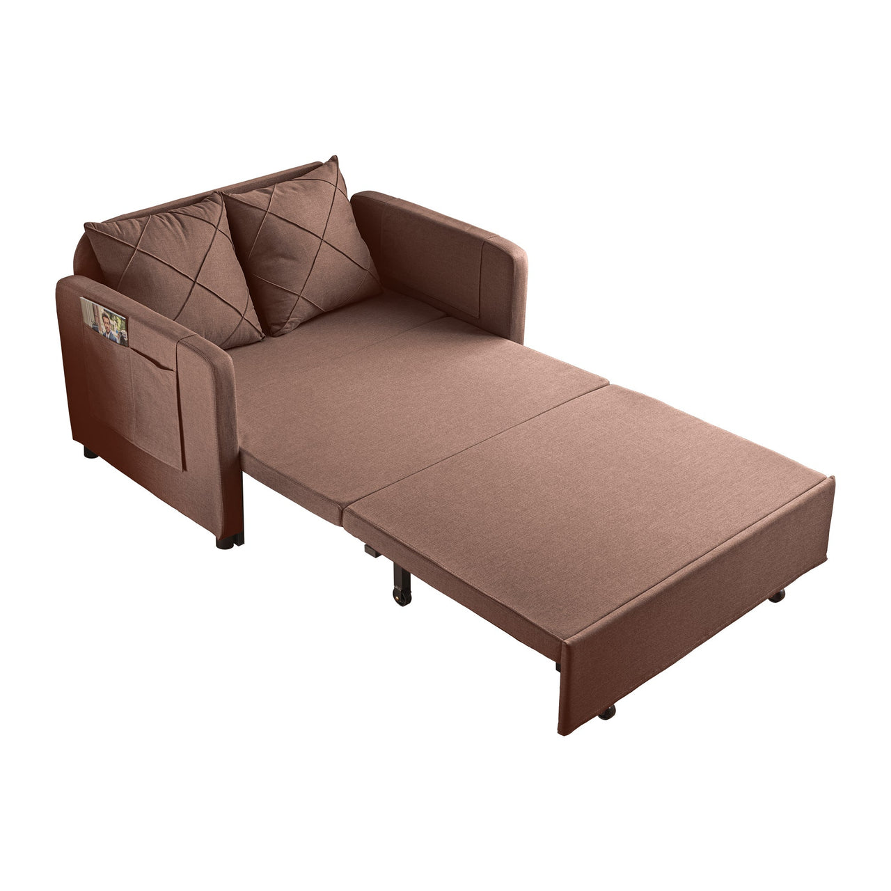 Modern Love Seat Futon Sofa Bed With Headboard,Linen Love Seat Couch,Pull Out Sofa Bed With 2 Pillows & 2 Sides Pockets