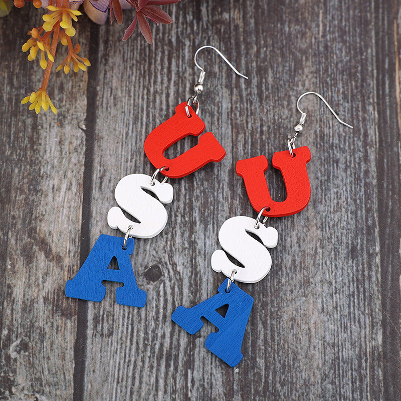 USA Wooden Letter Dangle Earrings - T -