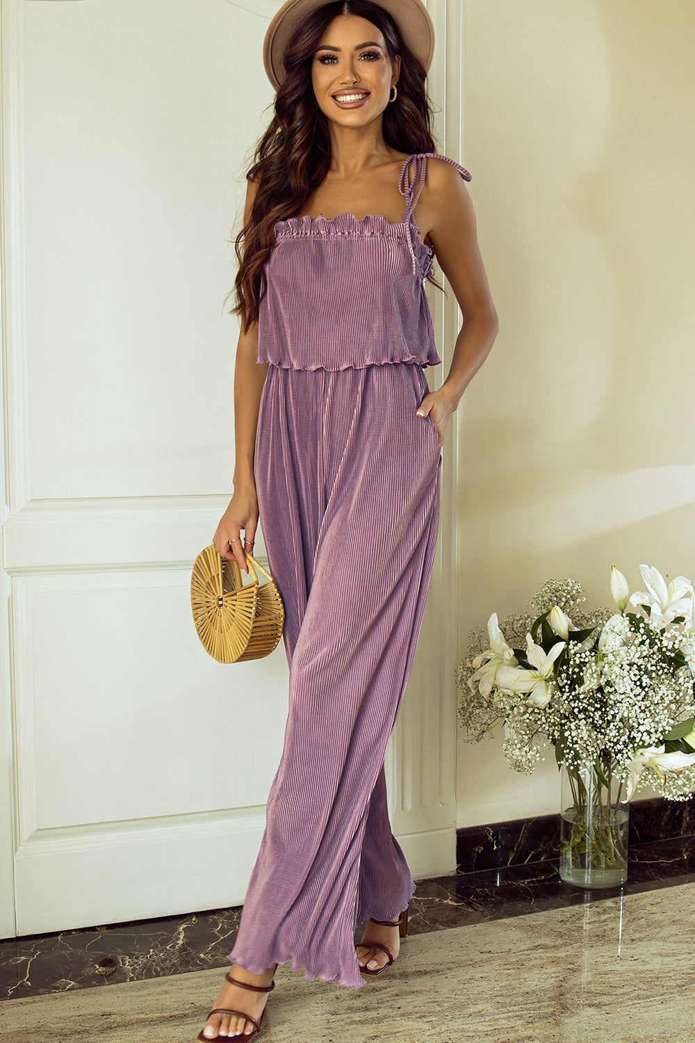 Square Neck Spaghetti Strap Jumpsuit - T - 1 COLOR -