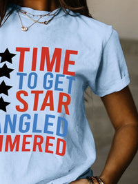 Thumbnail for Full Size - 'Time to get Star Spangle Hammered' Letter Graphic Round Neck Short Sleeve T-Shirt - T - 12 COLORS -