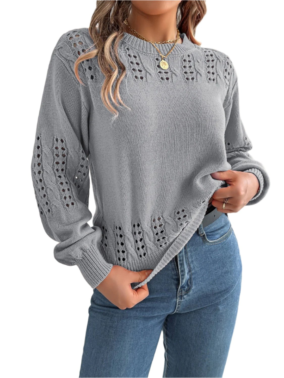 Openwork Round Neck Long Sleeve Sweater - T - 3 COLORS -