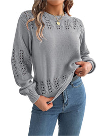 Thumbnail for Openwork Round Neck Long Sleeve Sweater - T - 3 COLORS -