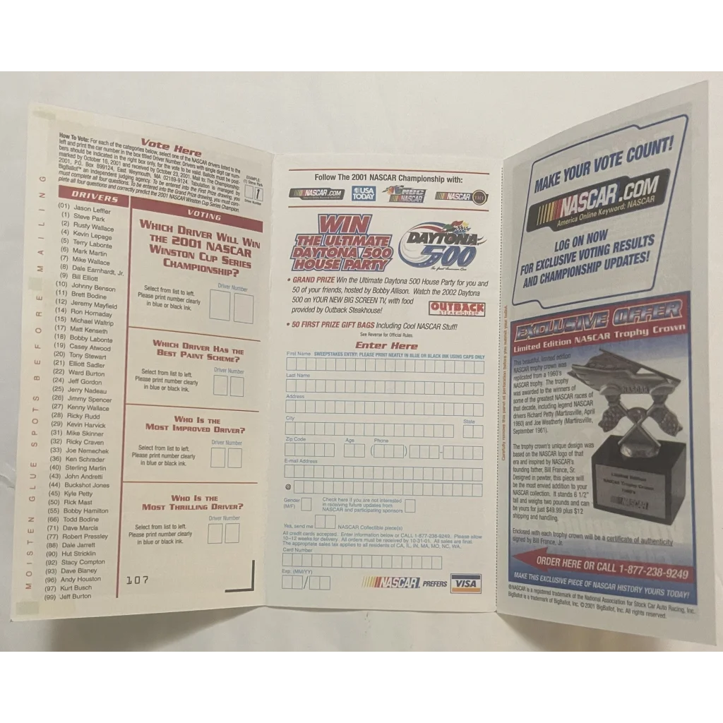 Vintage 2001 🏆 NASCAR Winston Cup Ballot, Year Tragic Loss Dale Earnhardt RIP!