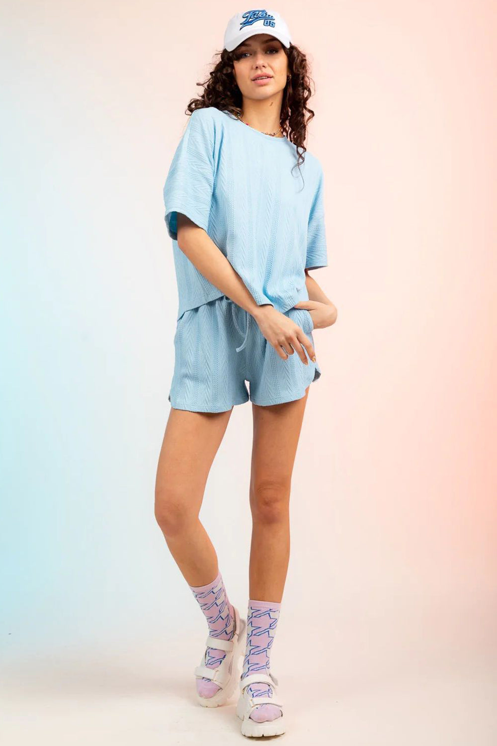 Textured Round Neck Top and Shorts Set - 2 PCS. - T - 4 COLORS -