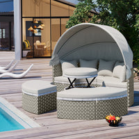 Thumbnail for Patio Furniture Round Outdoor Sectional Sofa Set Rattan Daybed Two-Tone Weave Sunbed With Retractable Canopy, Separate S