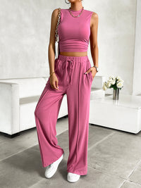 Thumbnail for Mock Neck Sleeveless Top and Drawstring Pants Set - 2 PCS. - T - 5 COLORS -