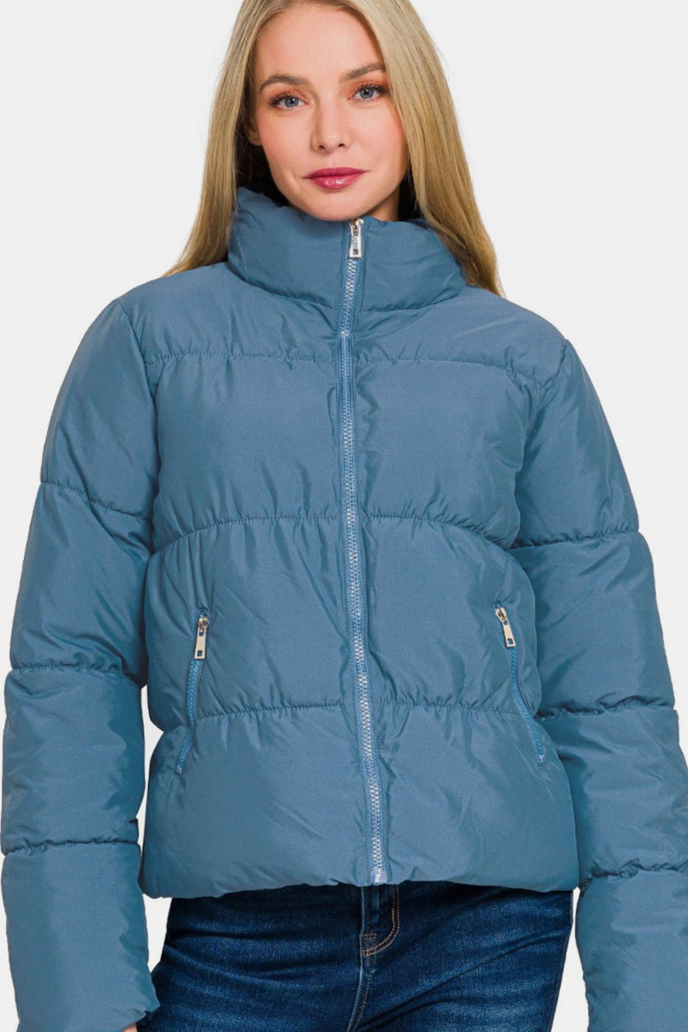 Zenana Zip Up Turtleneck Puffer Jacket with Pockets - T - 1 COLOR -