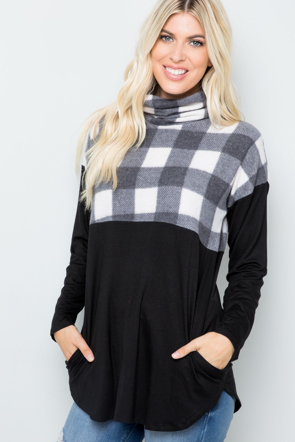 Celeste Pocketed Plaid Turtleneck Long Sleeve Blouse - T - 1 COLOR -