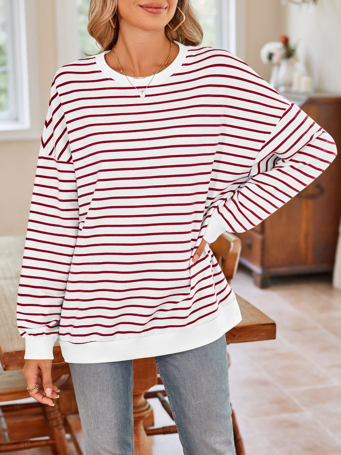 Striped Round Neck Long Sleeve Sweatshirt - T - 6 COLORS -