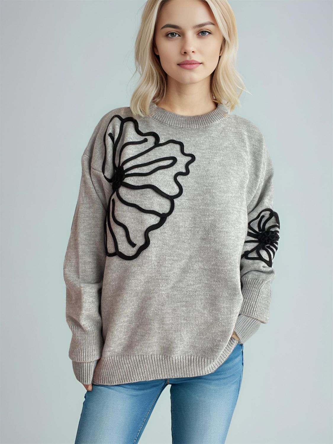 Flower Round Neck Long Sleeve Sweater - T - 4 COLORS -