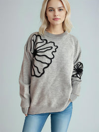 Thumbnail for Flower Round Neck Long Sleeve Sweater - T - 4 COLORS -