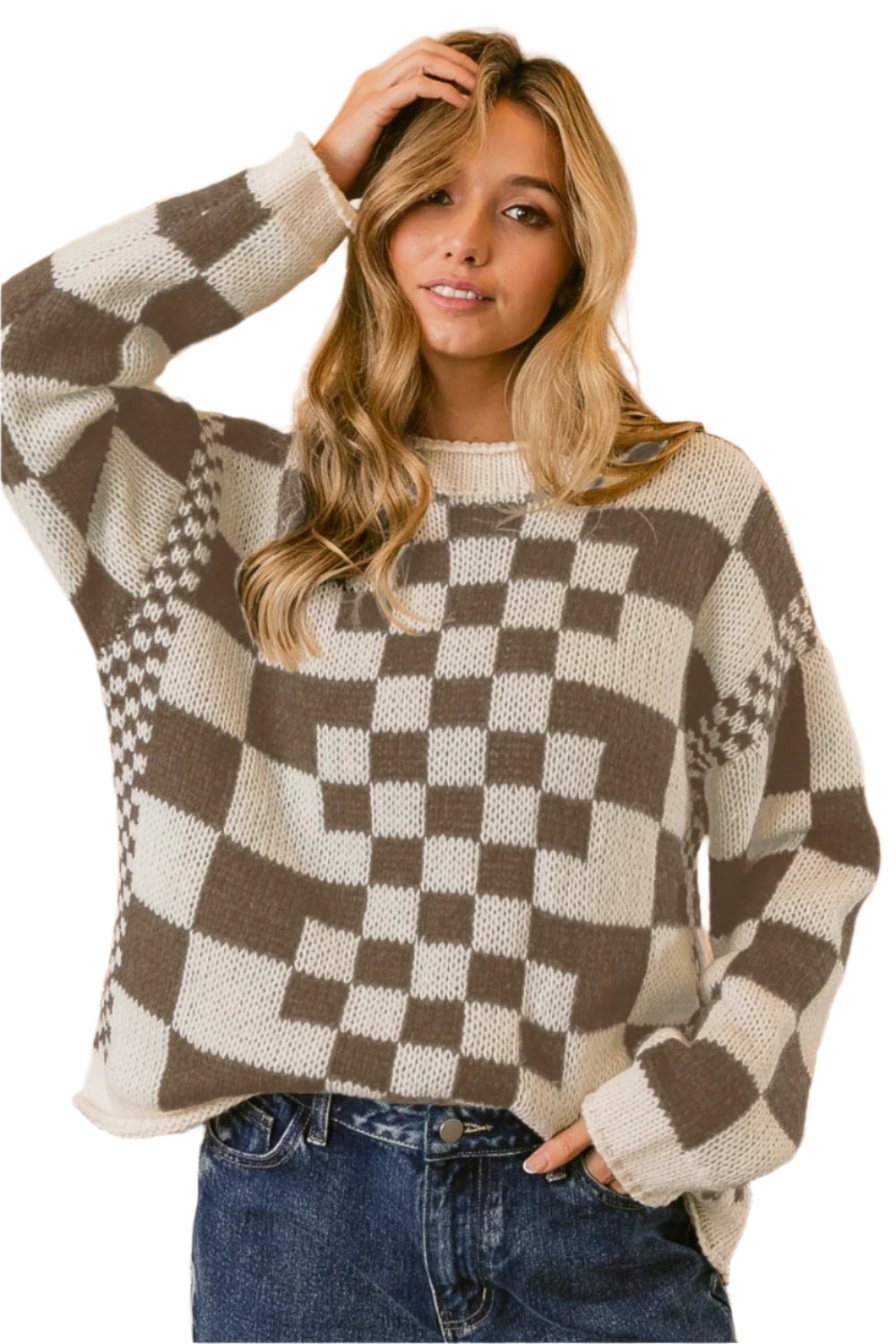 BiBi Checkered Contrast Chunky Sweater - T - 1 COLOR -