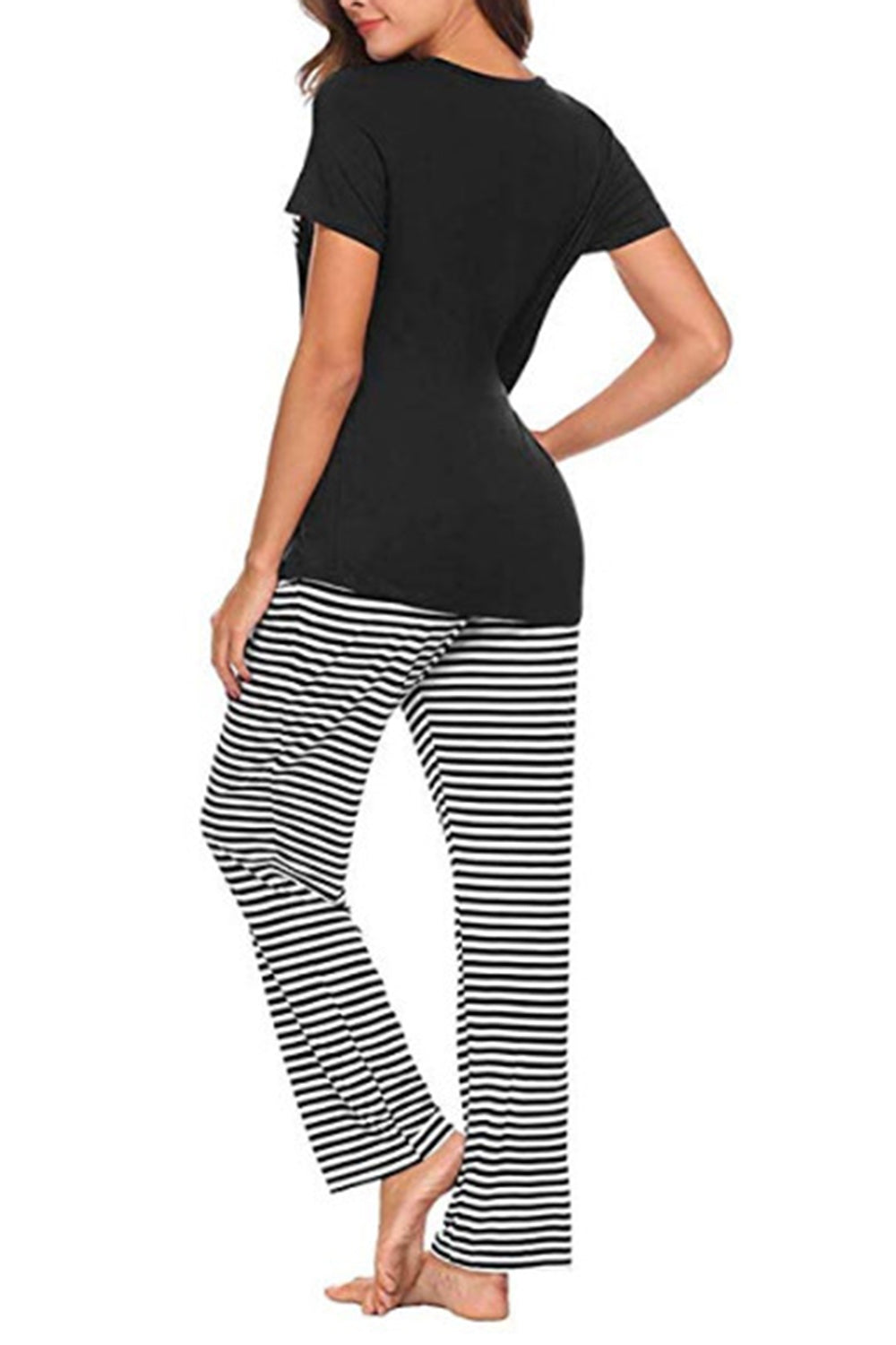 Pocketed Short Sleeve Top and Striped Pants Lounge set - 2 PCS. - T - 2 COLORS -