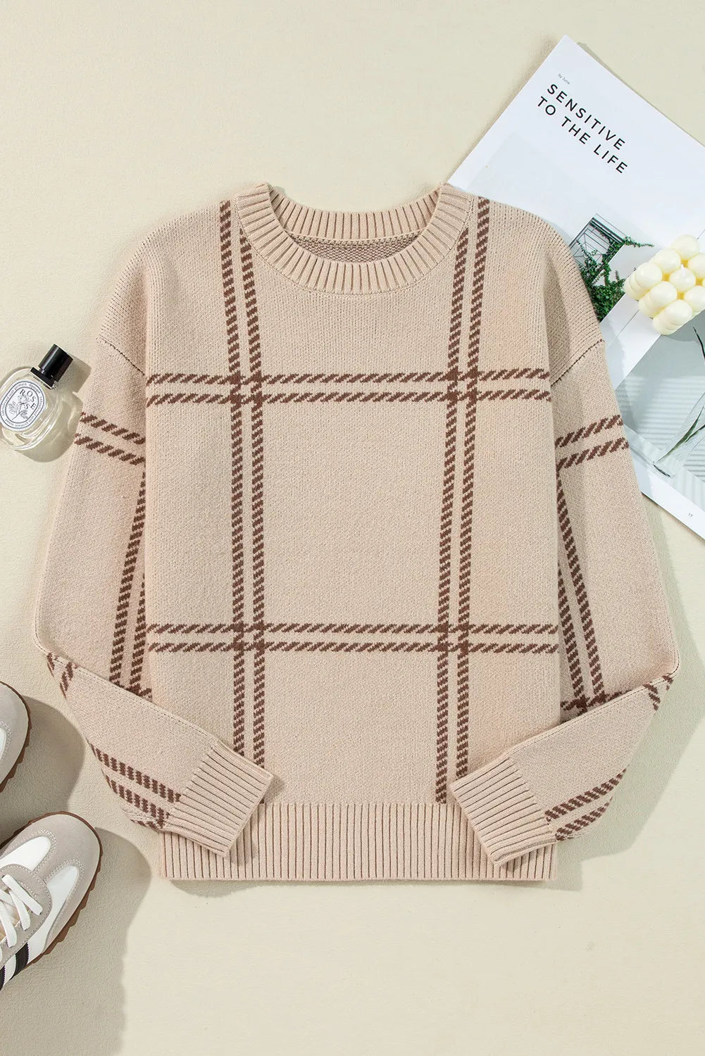 Plaid Round Neck Dropped Shoulder Sweater - T - 1 COLOR -