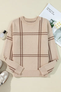 Thumbnail for Plaid Round Neck Dropped Shoulder Sweater - T - 1 COLOR -