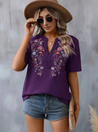 Thumbnail for Embroidered Notched Short Sleeve T-Shirt - T - 5 COLORS -