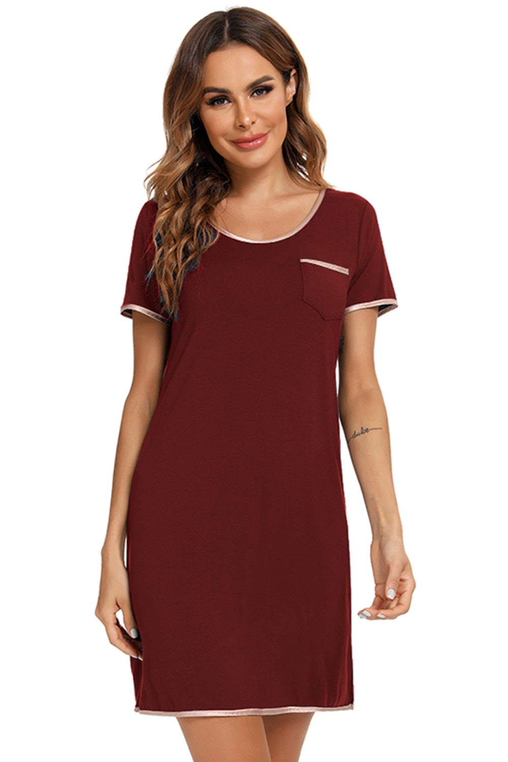 Contrast Trim Pocketed Round Neck Lounge Dress - T - 4 COLORS -